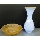 A pale blue opaque glass vase, together with a pink glass bowl, (2)