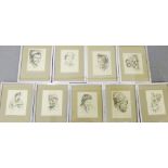 A collection of nine framed G. Douglas prints of Nepalese People, 20 x 26cm, (9)