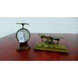 A set of brass and oak postal scales together with a Salter's Letter Balance, (2)