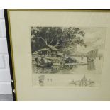 South East Asian School Riverscape etching, likely the Irrawaddy Delta, signed indistinctly in