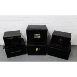 Six various black painted metal deed and storage boxes, (6)