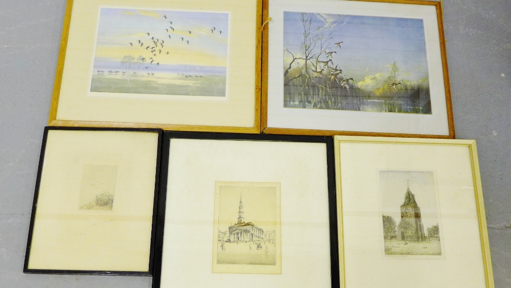 A group of etchings and prints to include a Robert Houston RSW framed print and others, (5)
