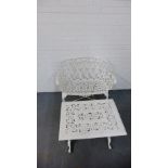 A white painted cast aluminum garden bench and similar table (2) 80 x 92cm