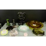 A selection of coloured art glass etc., to include a Vasart dish, two paperweights and an amber