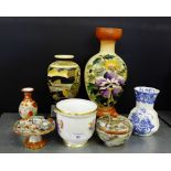 A mixed lot to include an opaque painted glass flower vase, a Mason's blue and white vase, a