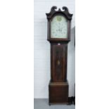 A mahogany and inlaid longcase clock with a broken swan neck pediment over a painted dial with Roman