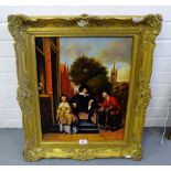 Continental School Street Scene with Figures Oil-on-board, signed indistinctly, in an ornate gilt