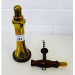A brass lighthouse, together with a treen handled corkscrew, tallest 18cm, (2)