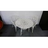 A white painted cast aluminum garden table and pair of matching chairs (3)