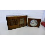 An Art Deco mantle clock and a vintage radio, (2)