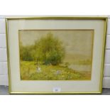 C.A. Sellar RSW Girls Picking Flowers in a Meadow Watercolour, signed bottom right, in a glazed