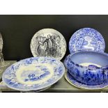 A mixed lot of pottery to include a Staffordshire blue and white food warming plate, Copeland