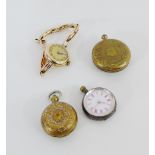 A 9 carat gold cased wristwatch together with silver cased lady's fob watch, a brass sovereign