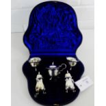 Edwardian cased silver five piece condiment set, comprising mustard, pair of salts and pair of