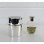 A miniature Epns and glass hip flask, 8.5cm together with an Epns caddy with engine turned