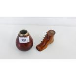 A miniature treen shoe together with a 800 standard silver mounted gourd (2)