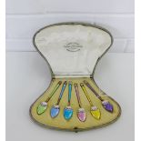 Set of six George V harlequin enamel and silver gilt spoons, of Scandinavian design with makers mark