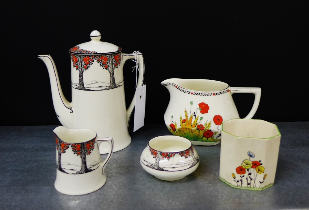 Art Deco tea wares to include Crown Ducal orange tree patterned coffee pot, cream jug and sugar