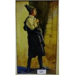 20th Century School Watercolour of a man wearing a black cloak and hat, indistinctly signed bottom