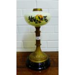 A brass stemmed lamp base with an opaque glass well, 38cm high