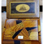 A Japanese inlaid box with a lacquered interior and lift out tray, 15 x 35cm, together with a