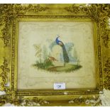 'Peacock and Pheasant' Watercolour on embossed card, signed indistinctly, in an ornate giltwood