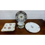 A continental faience plate and bowl, together with a Dresden Rose cabinet plate with a Spode square