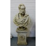 A carved stone bust of a gentleman on a square plinth base, 135cm overall (in two parts)