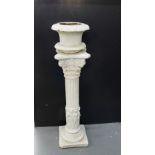 A white painted stone garden pedestal column and planter, in two parts, 90cm high