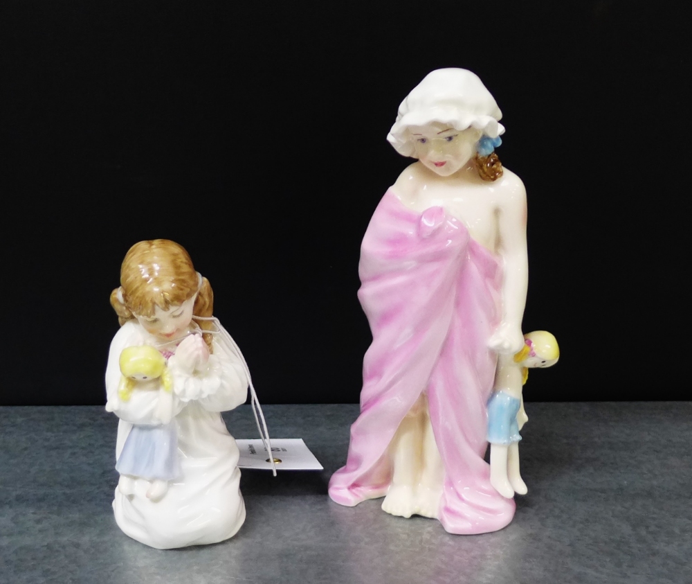 Two Royal Worcester Katie's Day porcelain figures to include 'Bedtime' and 'Bath time', tallest 17cm