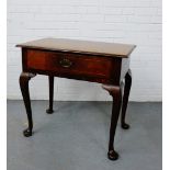 A walnut and inlaid side table, the rectangular top over a single long drawer on cabriole supports