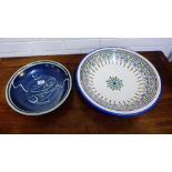 A Rosalind pottery bowl together with a blue glazed Studio pottery bowl (2)