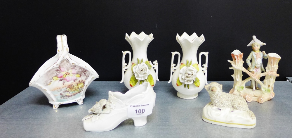 A mixed lot to include a Staffordshire Sheep and continental porcelain vases etc., (6)