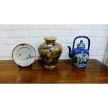 A contemporary Satsuma style vase, a blue and white 'Willow' pattern kettle and a Japanese plate,