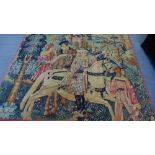 A reproduction wall hanging tapestry depicting an Elizabethan hunting scene, 245 x 220cm