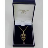 A 9ct gold seed pearl and amethyst open work pendant necklace