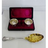 A cased set of Epns salts, together with an Epns berry spoon (a lot)