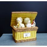 A continental porcelain figure group depicting two cherubs in a basket, 16 x 13cm