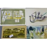 Four unframed works on paper to include a watercolour and three mid century prints (4), largest 52 x