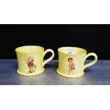 Two Carlton Ware Mabel Lucie Attwell yellow glazed mugs, both trial models numbered 1 and 2 of 3,
