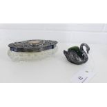 A Sheffield silver topped and cut glass jar by Walker & Hall, together with a small pewter swan