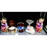 A mixed lot to include a pair of Melba ware Punch and Judy Toby jugs, a copper lustre bowl, a