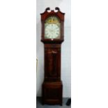 A 19th century mahogany cased Grandfather clock, the broken swan neck pediment over a painted and