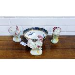 A group of three pottery cockerel, together with a Booths china bowl (4)