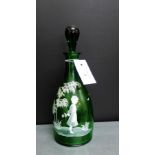 A green Mary Gregory style glass decanter and stopper, 29cm high