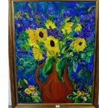 20th Century School Still Life of Sunflowers Oil-on-canvas, signed indistinctly bottom right, in a