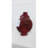 Chinese Cinnabar moon flask carved with bird on a branch pattern, 27cm high