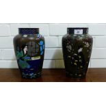 A pair of Japanese Cloisonne high shouldered vases with figures, flower, bird and insect panels,