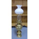 A brass Hinks & Son oil lamp with opaque glass shade, 69cm high