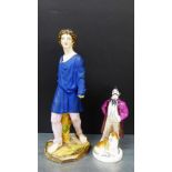 Russian porcelain figure of the water carrier dressed in a blue tunic top and striped trousers on